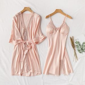 Ropa de dormir para mujer 2 unids Robe Set Mujeres Ropa de dormir Satén Sedoso Kimono Albornoz Vestido Sexy Hollow Out Negligee Lace Lencería íntima