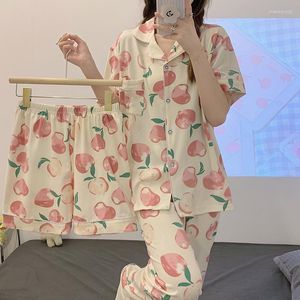 Ropa de dormir para mujer Conjuntos de pijamas de manga corta de 3 piezas para mujer Patrón de melocotón de verano Pantalones cortos para mujer Traje de pijama para niñas Pijama dulce Ropa para el hogar