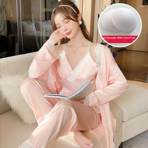 Vêtements de nuit pour femmes 3pcs ensembles dames élégantes fausse soie polyester satin vêtements de nuit sexy femmes pyjama homewear pyjamas de luxe femme