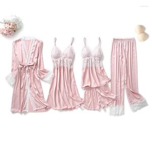 Ropa de dormir para mujer 5 unids/set conjunto de ropa de dormir bata de bata pijama Sexy encaje satén mujeres camisones Kimono Albornoz seda erótico