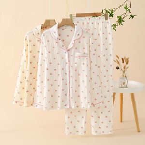 Ropa de dormir para mujer, pijamas de algodón de otoño, crepé fino, manga larga, cuello vuelto, Top para dormir, trajes de pantalón de gasa, ropa para el hogar, conjunto de 2 piezas