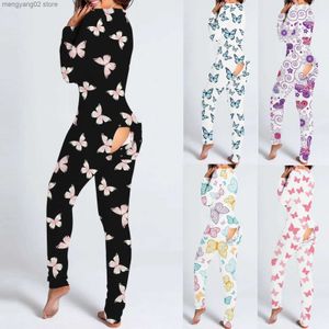 Vêtements de nuit pour femmes Imprimé papillon Onesies Combinaison boutonnée pour femme Lingerie Fonctionnelle à rabat boutonné Adultes Combinaison à manches longues Pijama Mujer T231025