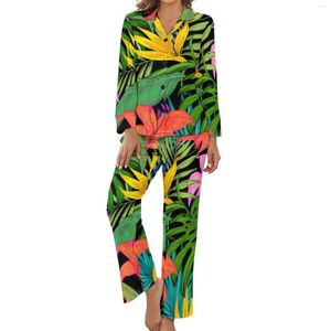 Vêtements de nuit pour femmes Pyjamas à plantes colorées Hawai Tropical à manches longues Ensembles de pyjama chauds 2 pièces Sommeil Printemps Design Vêtements de nuit Cadeau