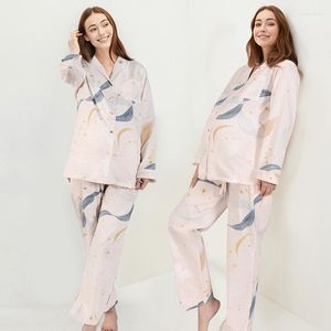 Pyjamas en gaze de coton pour femmes enceintes pour femmes enceintes pantalons d'allaitement à manches longues costume revers Sexy imprimé deux pièces ensemble Pijama