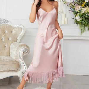 Ropa de dormir para mujeres Daeyard Silk Nightdress for Women Fashion Tassels Falda de suspensión Elegante Long Nightgown Femenina de verano