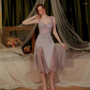 Vêtements de sommeil pour femmes françaises en dentelle satin lingeries Nightgown Open Back Night Robe Deep V Long Gathering Sling Sleeping Home Clothes SE