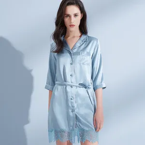 Ropa de dormir de las mujeres Señoras Azul Real Seda Sleepshirt Camisón para las mujeres Vestido de dormir Bedgown Natural Pure Nightdress Use Robes de ocio