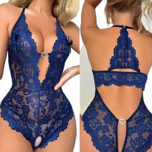women's Sleepwear One Piece Close Fitting Clothes Transparent Lace Sexy V-neck Backless Crotch Free Open Lingerie Mini Short Nightdress J3jn#