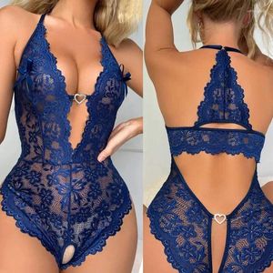 Vêtements de nuit pour femmes une pièce près du corps vêtements dentelle transparente sexy col en V dos nu entrejambe libre ouvert lingerie mini chemise de nuit courte