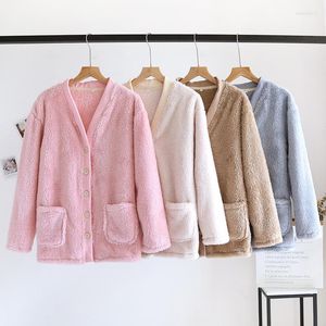 Ropa de dormir para mujer, pijamas de una pieza, Tops para dormir, franela para mujer, otoño e invierno, además de terciopelo, grueso, cálido, de Color sólido, de manga larga para el hogar