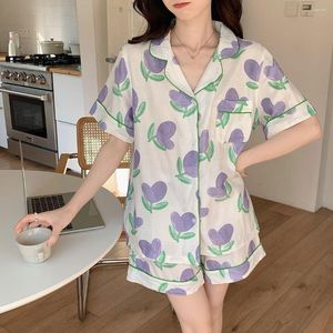 Ropa de dormir para mujer Conjuntos de pijamas Mujeres Púrpura Estampado de verano Pijamas de estilo coreano Moda encantadora Harajuku Manga corta Transpirable Chica dulce