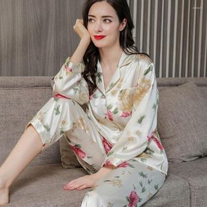 Ropa de dormir para mujer Conjunto de pijama estampado de seda pura camisón M L XL 2XL XM008