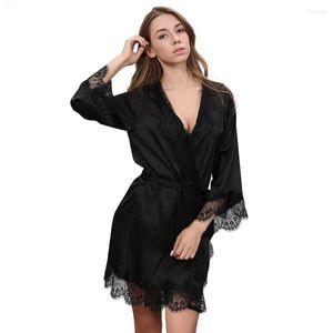 Ropa de dormir para mujer, batas sexis de encaje con pestañas, albornoz para mujer, ropa de dormir, ropa de dormir de seda sintética, negligés de manga larga, ropa para el hogar, negro y rosa