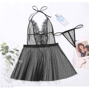 Ropa de dormir para mujer, ropa interior Sexy transparente de malla con encaje ondulado, ropa interior negra para mujer, lencería erótica dividida con cuello Halter y espalda descubierta para mujer, hermosa boda