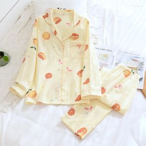 Ropa de dormir para mujer, Pijamas de primavera para mujer, Pijamas finos de gasa de algodón de manga larga, ropa de dormir bonita y dulce con estampado de solapa, ropa de casa de 2 piezas