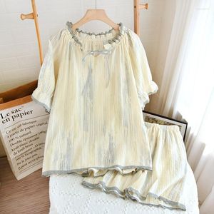 Vêtements de nuit pour femmes Pyjamas en coton d'été Femmes Pyjama à rayures Costume Lâche Short à manches courtes Beau col en dentelle Womens Homewear Vêtements