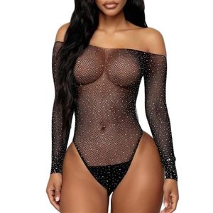 Ropa de dormir para mujer Mono sexy indefinido Lencería Mujeres Black Lace Fishnet Rhinestone Body Off-Shouder290P