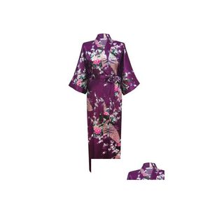 Vêtements de nuit pour femmes en gros - Violet Mode Femmes Paon Long Kimono Robe De Bain Chemise De Nuit Robe Yukata Peignoir Avec Ceinture S M L Xl X Dh46K