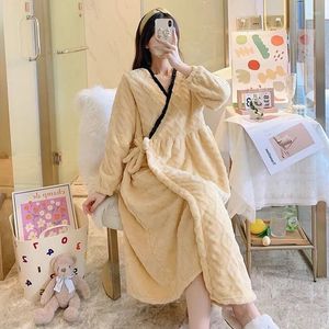 Vêtements de nuit pour femmes femmes automne hiver pyjamas double face épaissir corail polaire à lacets longue chemise de nuit princesse peignoir Kimono service à domicile