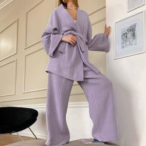 Ropa de dormir para mujer Conjunto de pijamas de algodón suave de manga larga bata de dormir con cinturón pantalones traje de 2 piezas estilo kimono conjuntos a juego