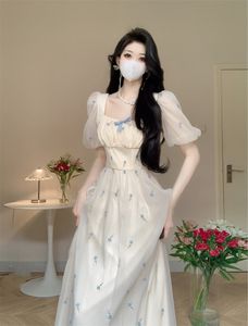 Femme col carré broderie fleur bouffée manches courtes taille haute princesse longue robe SML