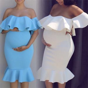 Vestido de fotografía de cola de cuello con volantes de embarazada elástico para mujer ropa de talla de maternidad de enfermería 199 B3