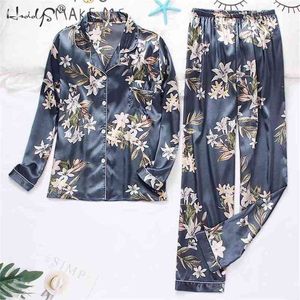 Traje para mujer Seda Satin Pijamas Set Set de manga larga Trajes de pantalones Button-Down Sleepwear Loungewear Shorts Pajamas Mujer Mujer 210809