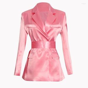 Costumes pour femmes 2022 Designer Satin Blazer Robe Avec Ceinture Rose Noir Costume À Manches Longues Tempérament Lumineux De Haute Qualité