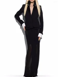 Costumes féminins 2024 printemps élégant bureau dames black blazer mode patchwork long moustique single bouton slim veste