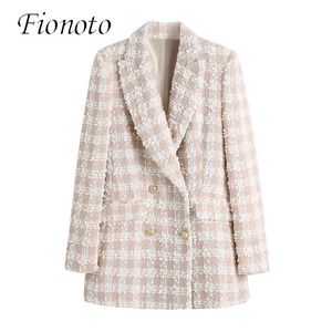 Trajes de mujer Blazers 2021 abrigos de moda informales para mujer Otoño Invierno chaqueta gruesa de lana de Tweed a cuadros botones ornamentados chaqueta larga delgada rosa C