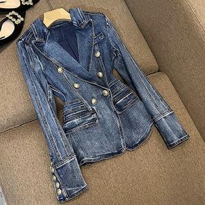 Trajes de mujer Blazers 2023 Chaqueta vaquera de moda de primavera para Mujer Botones cruzados Slim Blue Jean Motocicleta Biker Abrigos con cremallera Mujer 230615