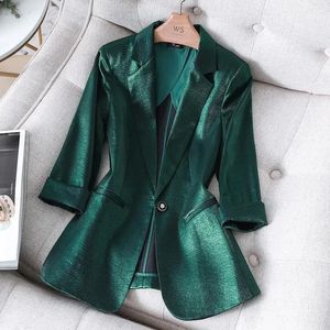 Business Media manga Fit Blazers Imitar satén Mujer Verano Estilo coreano Retro Traje Abrigos Mujer Chic Oficina Básico Sólido