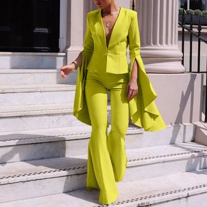 Women's Suits Blazers Women Flare Pants Suits V-Neck Solid Colors Casual Office Blazer Set Fashion Irregular Ruffles Sleeve Blazer Two Piece Set 230320