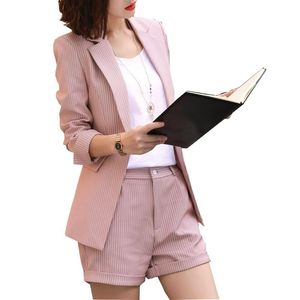 Trajes de mujer Blazers Mujer Uniforme formal Trabajo Oficina Señora Calidad Abrigos de manga larga Raya rosa Gris Corto / Pantalón + Blusa 2 piezas Conjuntos Femal