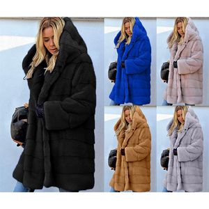 Abrigo con capucha de felpa suelto de Color sólido de longitud media de piel sintética para mujer abrigo cálido de piel sintética para Otoño-Invierno