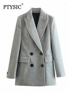 Trajes de mujer PTYSIC, chaqueta Retro ajustada con doble botonadura para mujer, chaqueta de manga larga con cuello de solapa y hombreras, bolsillos con solapa, prendas de vestir exteriores