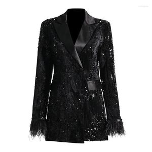 Women's Suits Sequins Black Blazer For Women Y2k Notched Collar Long Sleeve Patchwork Feathers Cuff Loose Coat Female Clothes 2023