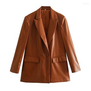 Costumes pour femmes Solie Pu Leather Chic Bureau Lady Blazers for Women Elegant Eleging Coats 2023 Femme à manches longues pour femmes doubles slims Slims