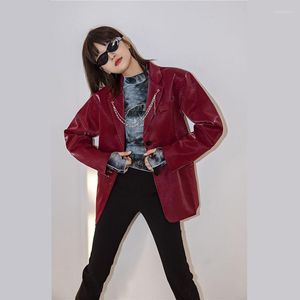 Trajes de mujer Ropa de calle Casual Mujer Blazers de cuero de imitación Abrigo Vino Rojo Cadena coreana Cuello con muescas Chaqueta de traje de manga larga Otoño Mujer