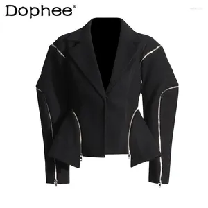 Costumes de femmes Blazer de costume noir irrégulier pour les femmes 2024 Spring Zipper Patchwork Taist-frincing Sliming Mancheve