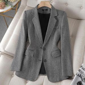 Costumes pour femmes Femmes Café Gris Stripe Formelle Blazer À Manches Longues Simple Boutonnage Veste D'affaires Manteau Dames Bureau Blazers Vêtements D'extérieur 4XL