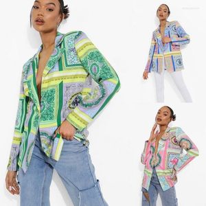 Trajes de mujer Mujeres Colorida Blazer Chaqueta Street Plaid Single Button Top 2022 Otoño Invierno Verde Tallas grandes Moda Vintage Casual Streetwear