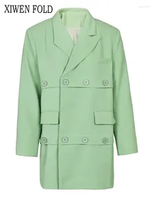 Costumes pour femmes Xiwen Green Button Split Big Size Blazer Femmes Abèle Longe Loose Fonction Fonction de mode Spring Automne 2024 XF1819