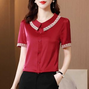 Camisa de verano para mujer Blusas de satén sólido para mujeres con encaje rojo Peter Pan Cuello Mujer Básico TRF 210604