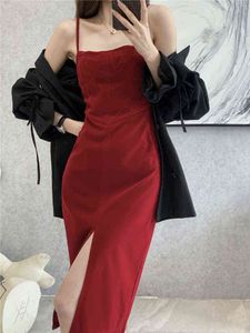 Femmes d'été velours spaghetti sangle robe mi-longue élégante Sexy moulante mince fête robes femme mode Vintage vêtements 2022 Y220413