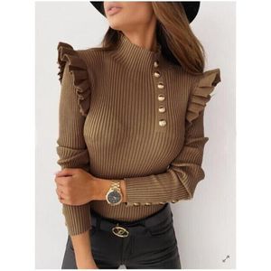 Suéter de manga larga con lado de hoja de loto para mujer, Top con botones, Jersey ajustado de punto, suéteres de moda de Color sólido 2021