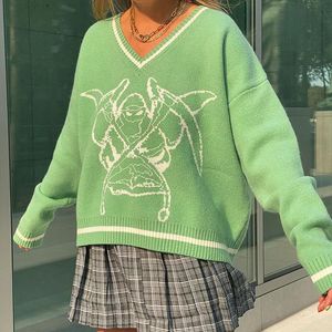 Suéteres de mujer, otoño 2021, suéter Sexy de manga larga con cuello en V, estilo universitario, Tops de punto con costuras para mujer, patrón de Parca, informal, suelto