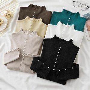 Suéteres de mujer Otoño e Invierno Jersey de cuello medio alto suéter delgado de manga larga con botones camisa de fondo de punto corto de seda brillante