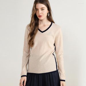 Suéteres de mujer Otoño Estilo Cachemira Cuello en V Suéter Mujer Contraste Manga larga Suavidad Jerséis de punto Elegante Cálido Prendas de punto Mujer