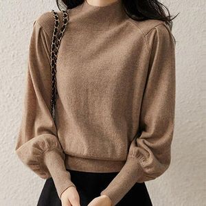 Suéteres de mujer Otoño Invierno Oficina señora Color sólido medio cuello alto básico de punto jerseys coreano todo fósforo ropa suelta